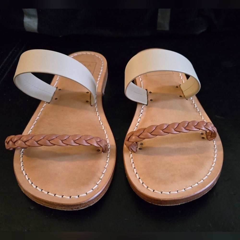 Casa Isota Capri Sandals Braided Italian Leather Sole White Brown Tan - Picture 2 of 8